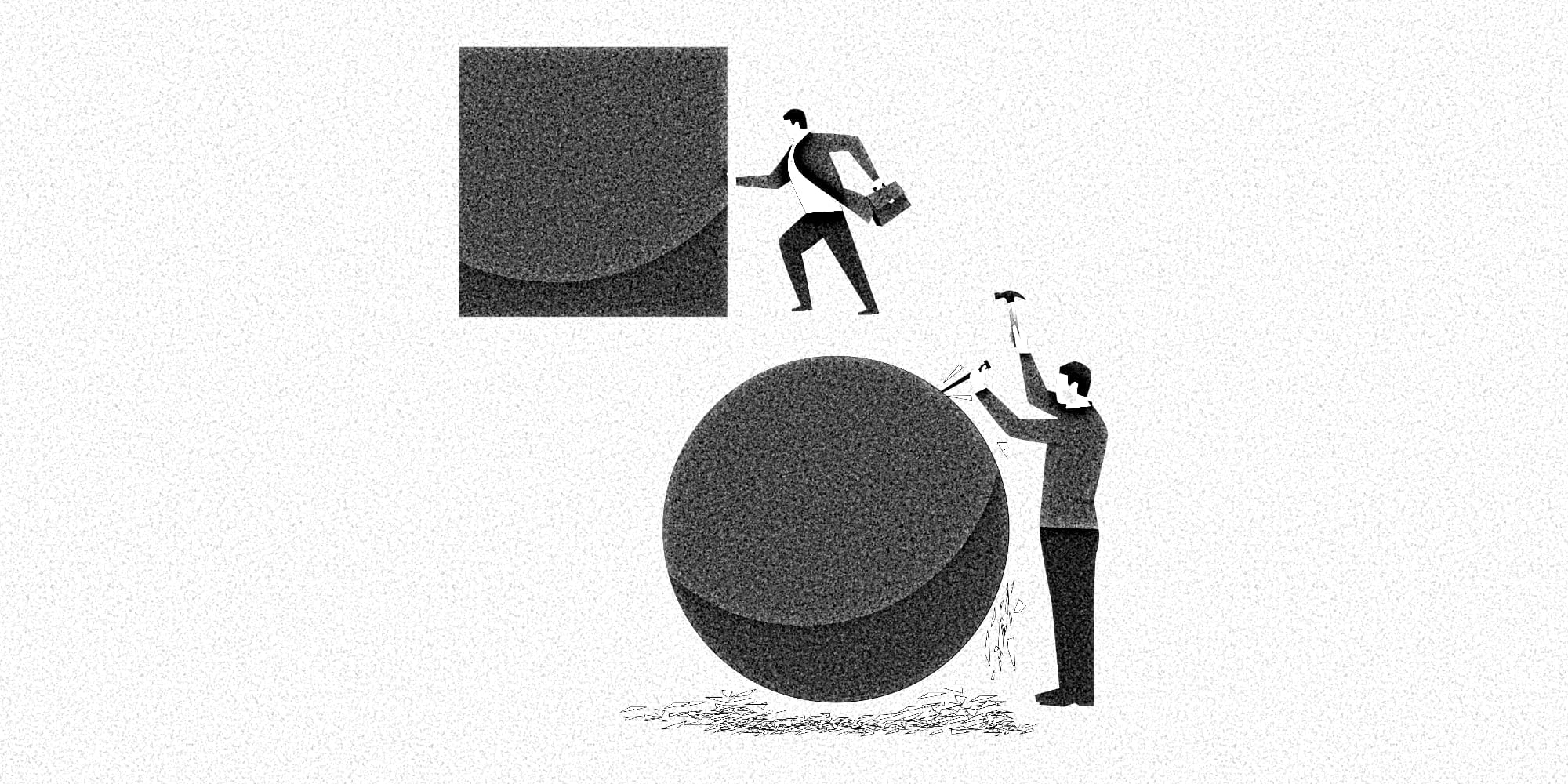 Grafische Darstellung eines Menschen, der ein großes Quadrat vor sich her schiebt, während ein zweiter Mensch das Quadrat zu einer Kugel formt, ehe er losläuft.
